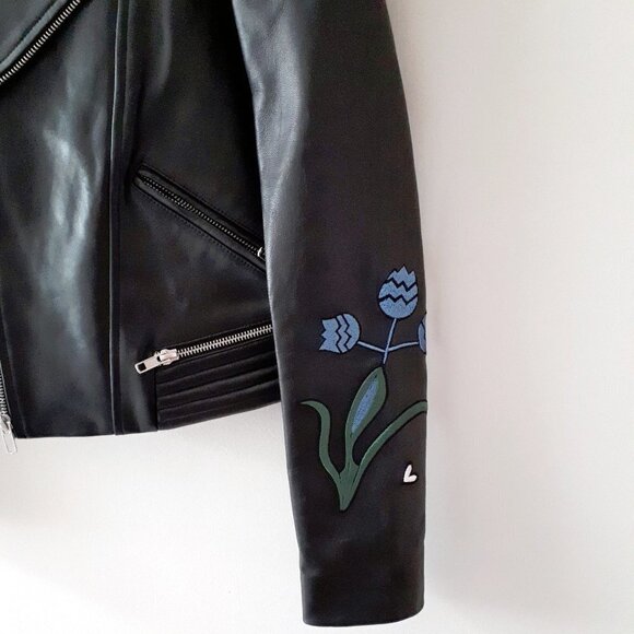NWT Maje black leather patch embroidered “Dream Tomorrow” moto biker jacket, S - Picture 13 of 15